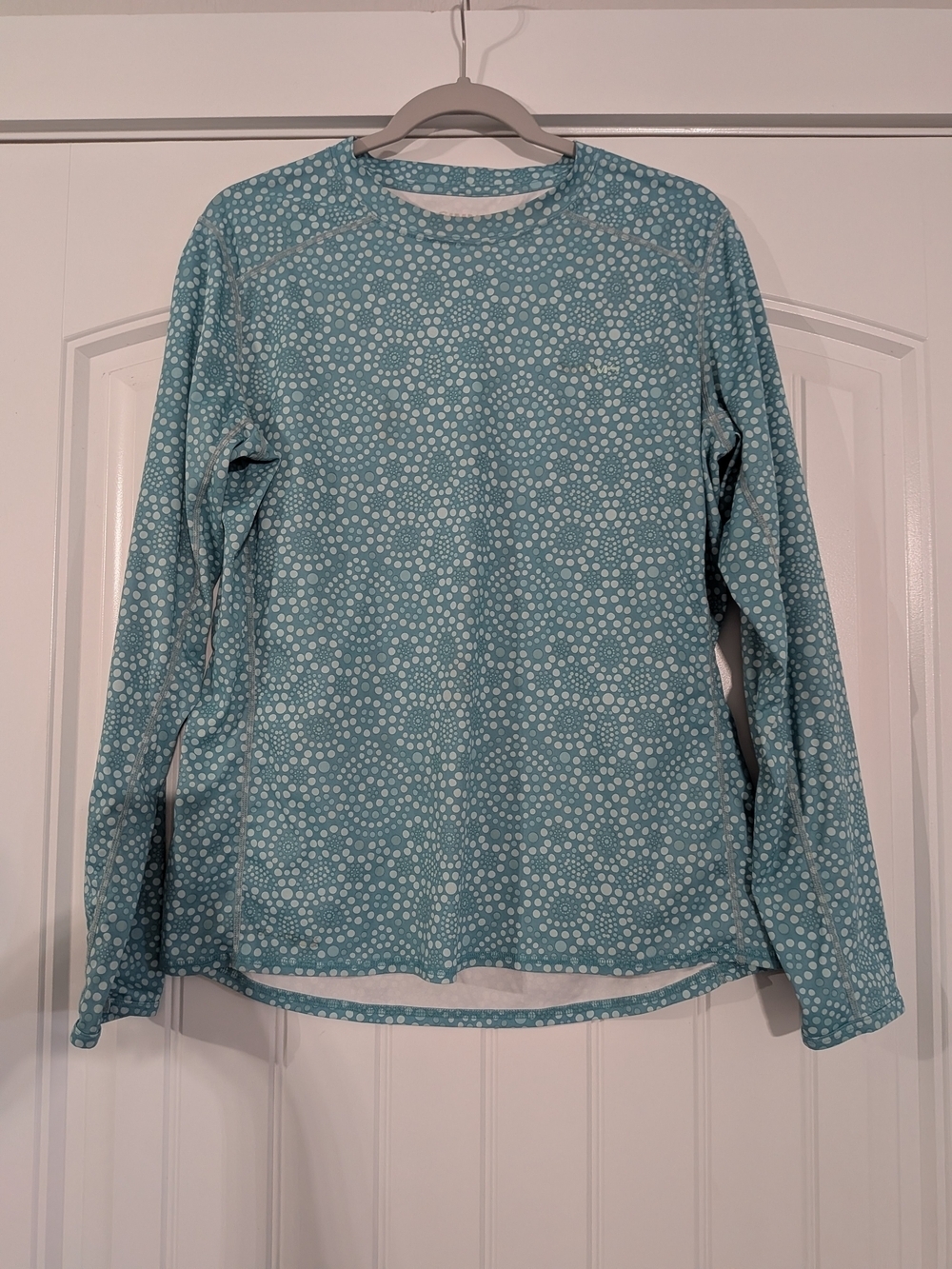 Simms Solarflex UV Long-Sleeve Fishing Crewneck Top in Teal Dot Print